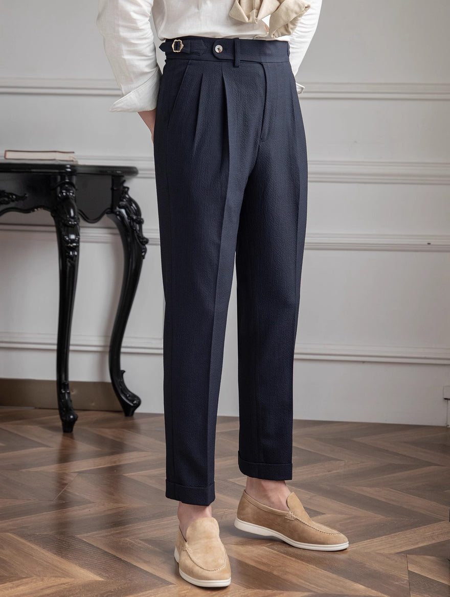 Pleated Tailored Trousers in Navy Blue, detail