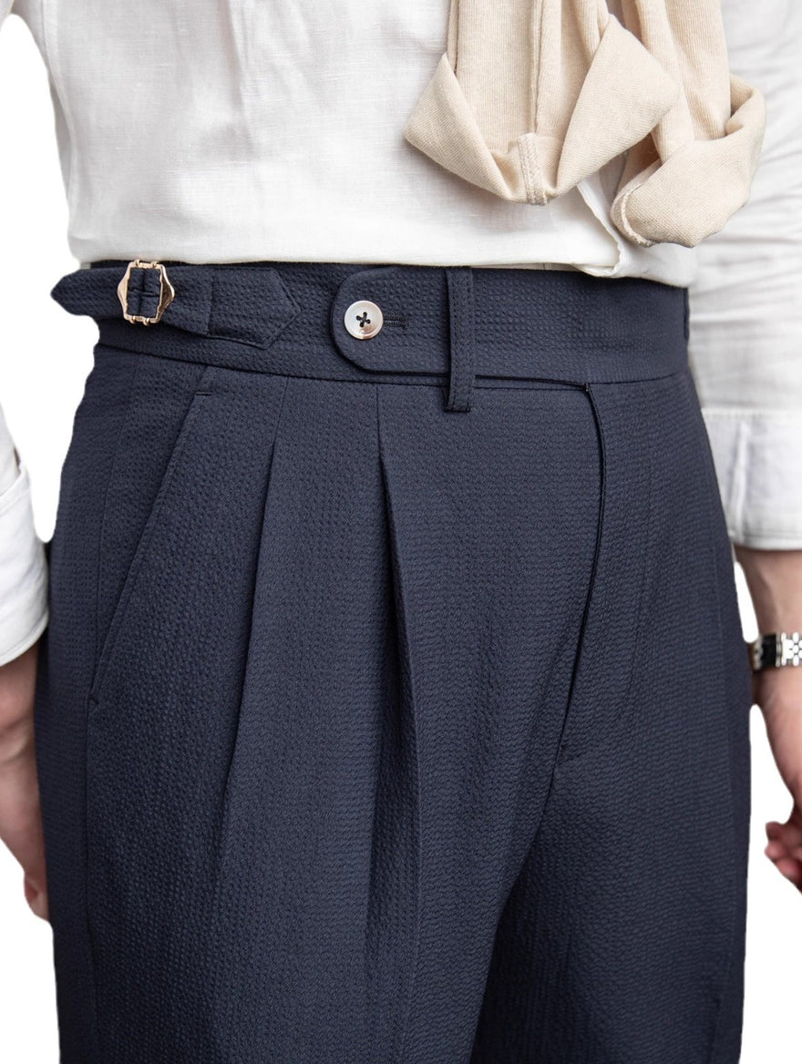 Pleated Tailored Trousers in Navy Blue, waist detail