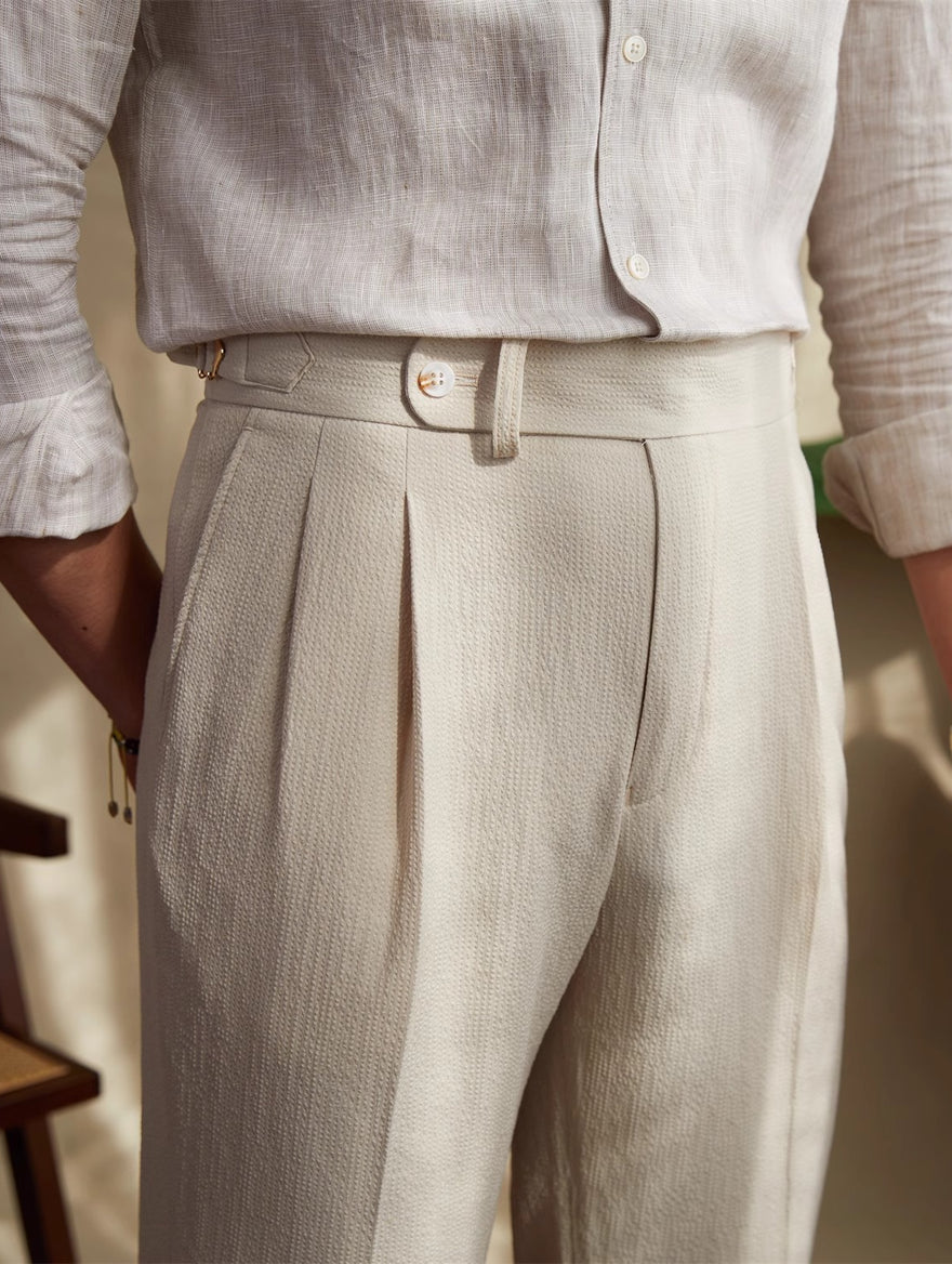 Pleated Tailored Trousers in Apricot, waist detail