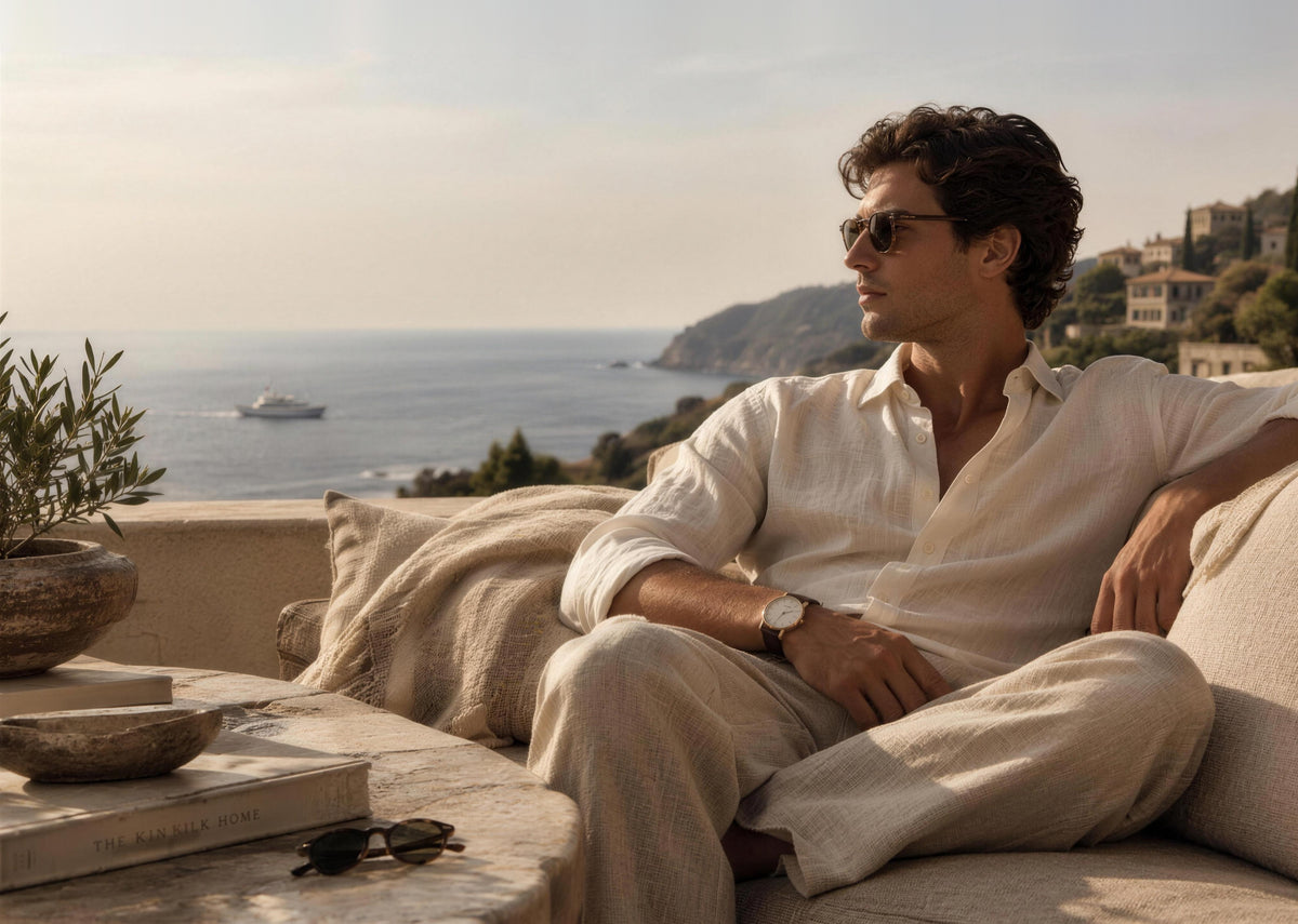Man in a cream linen shirt relaxing on a seaside terrace at golden hour, a small white boat on the sea behind him
