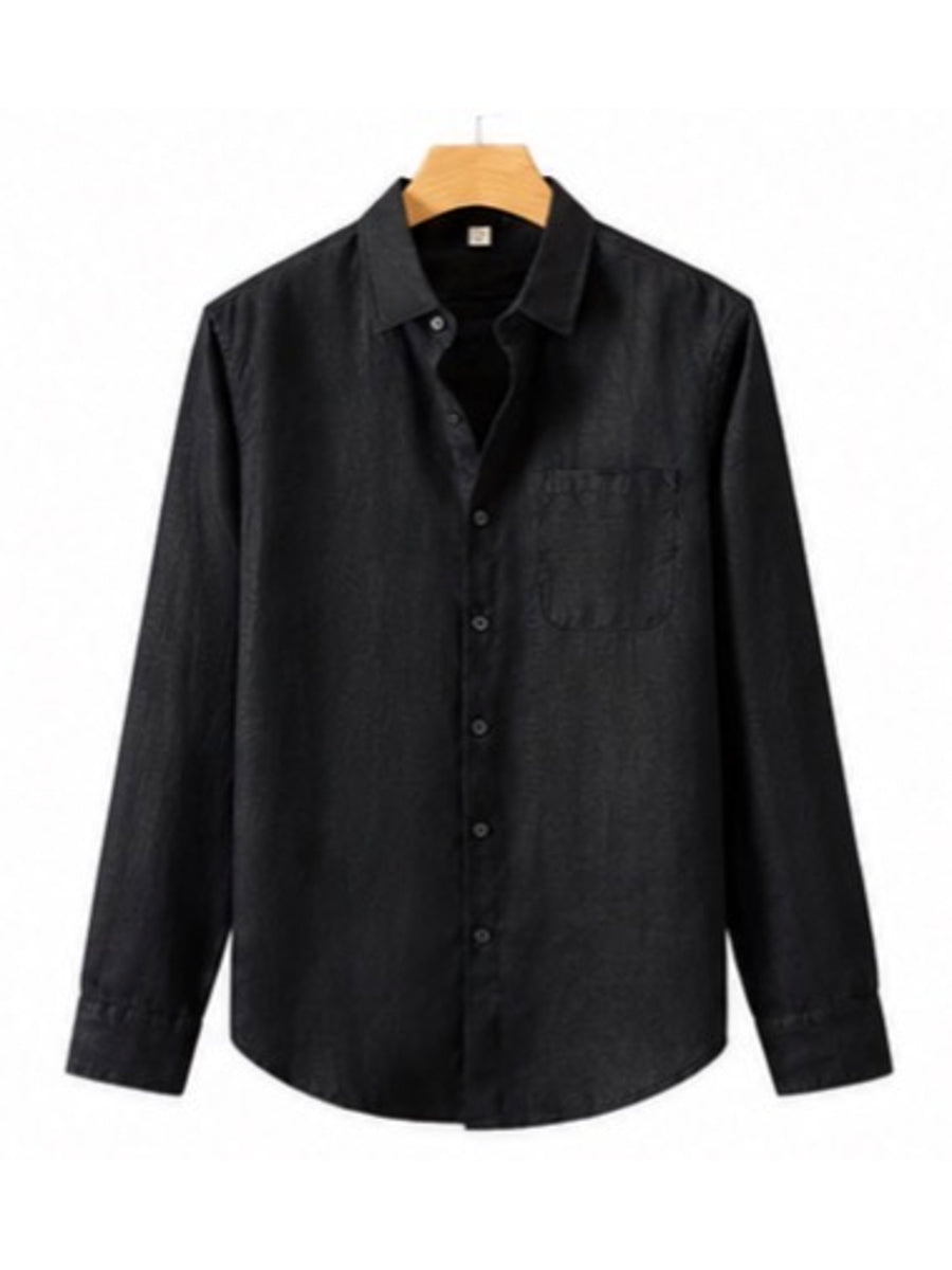 Linen Shirt in Black, on hanger