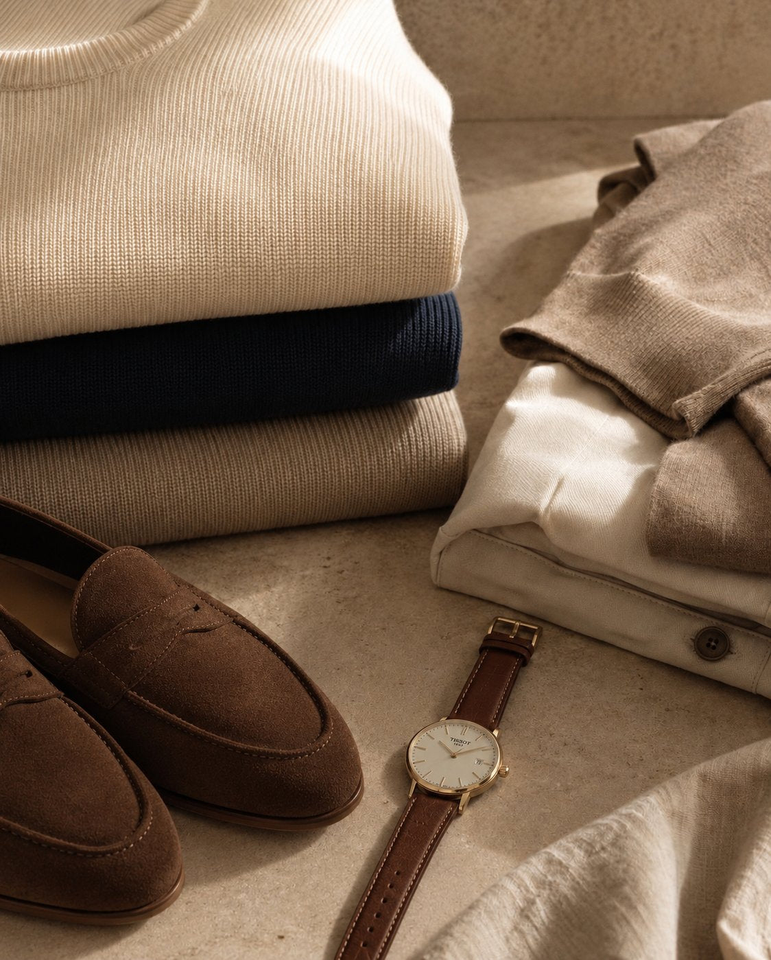 Folded cream, navy and sand ribbed knitwear beside brown suede penny loafers, a gold watch on a brown leather strap and a folded cream overshirt on stone