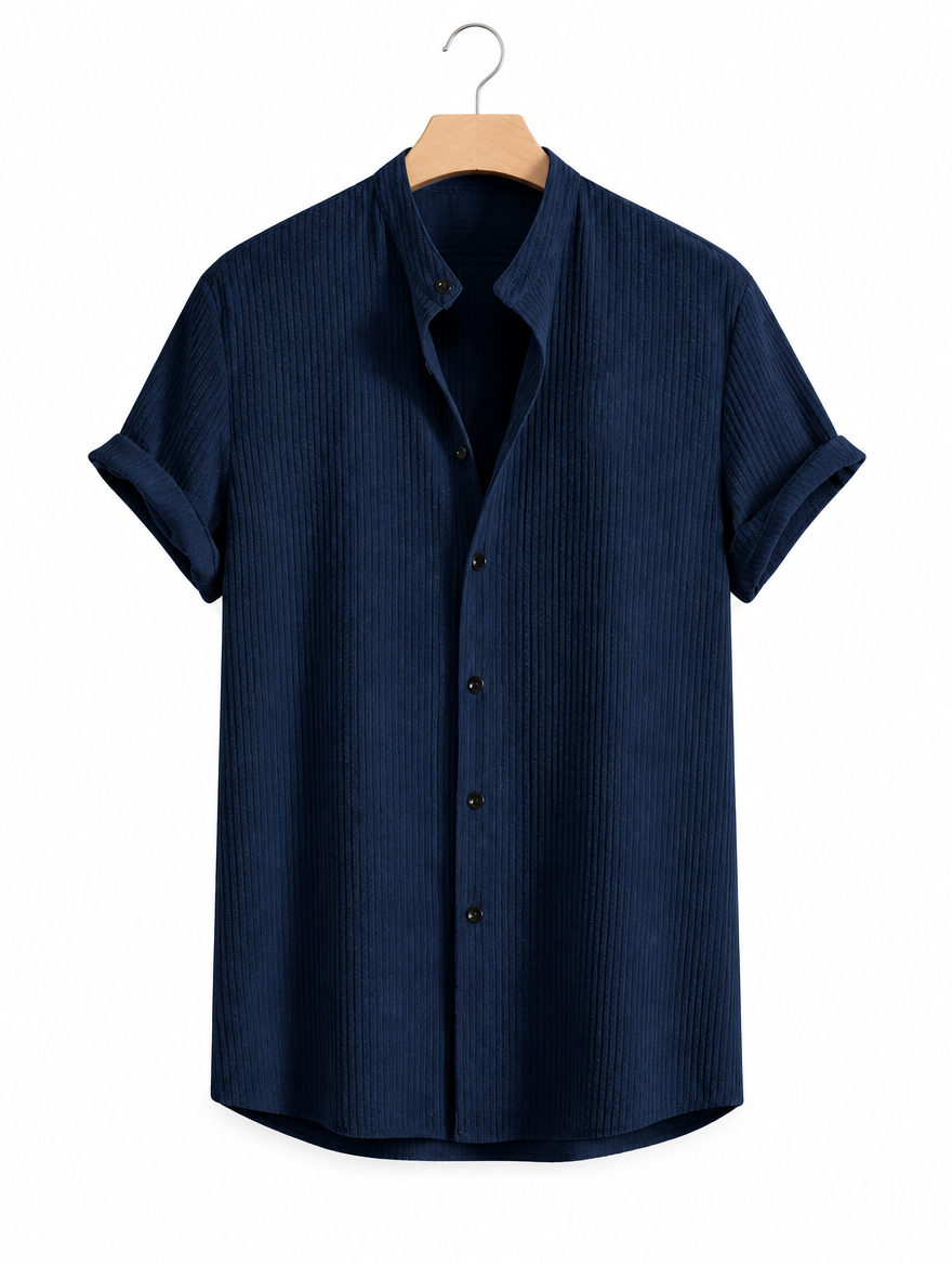 Corduroy Band Collar Shirt in Navy, on hanger