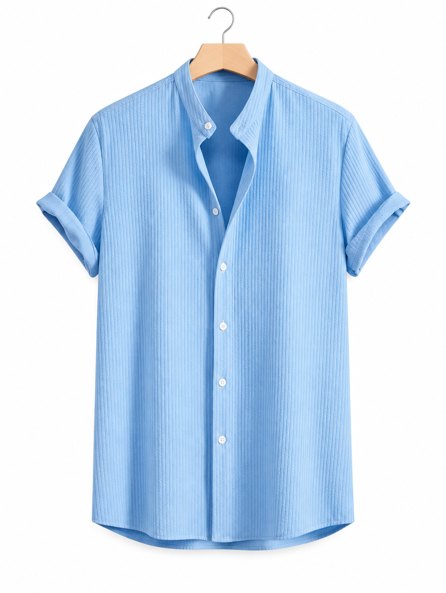 Corduroy Band Collar Shirt in Light Blue, on hanger