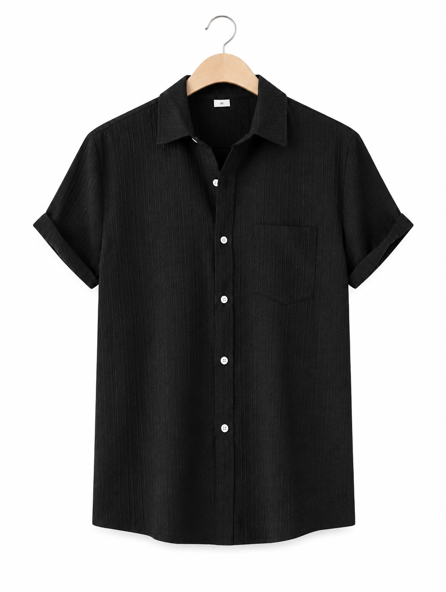 Slim Short Sleeve Shirt in Black, on hanger