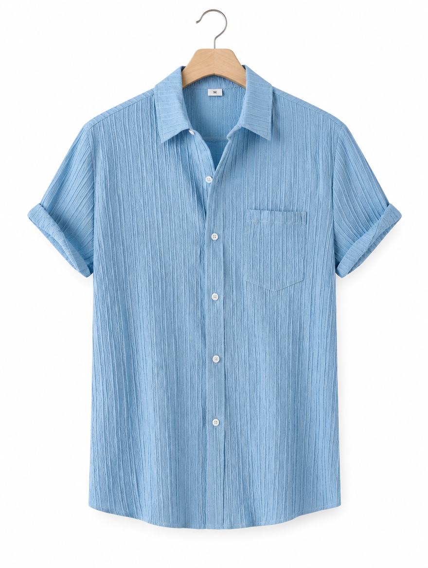 Slim Short Sleeve Shirt in Light Blue, on hanger
