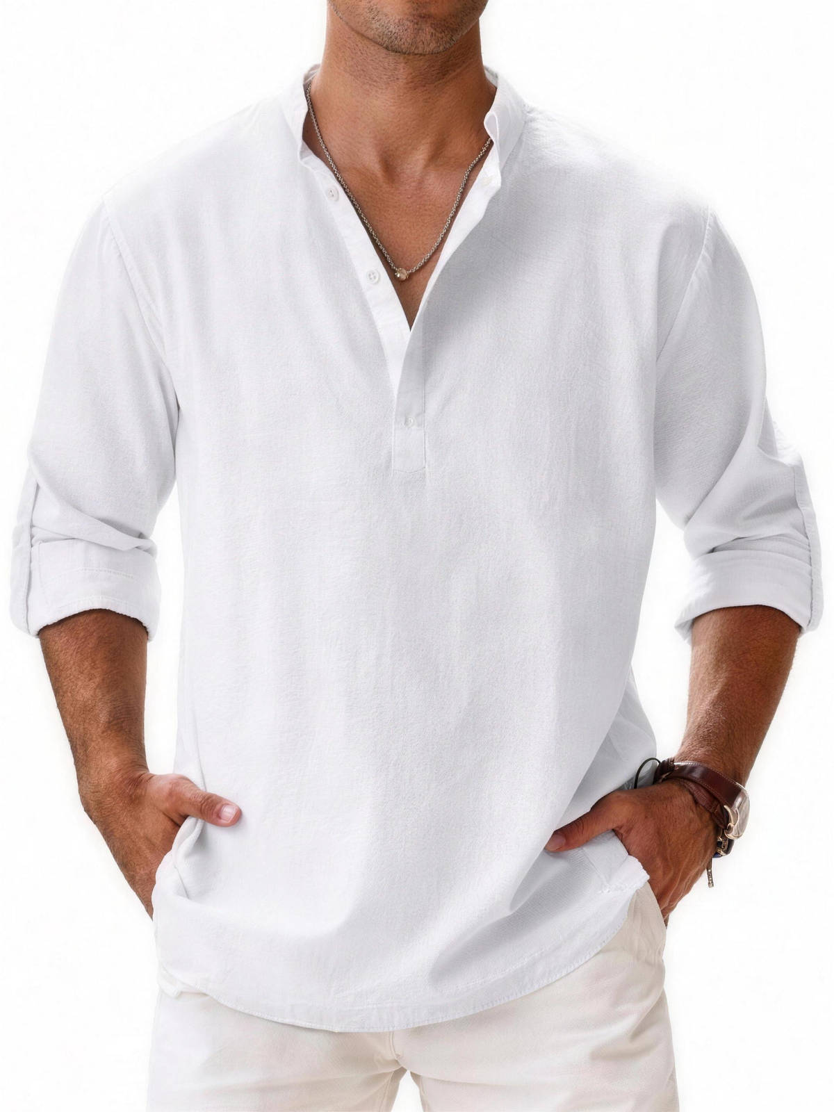 Band Collar Popover Shirt in White