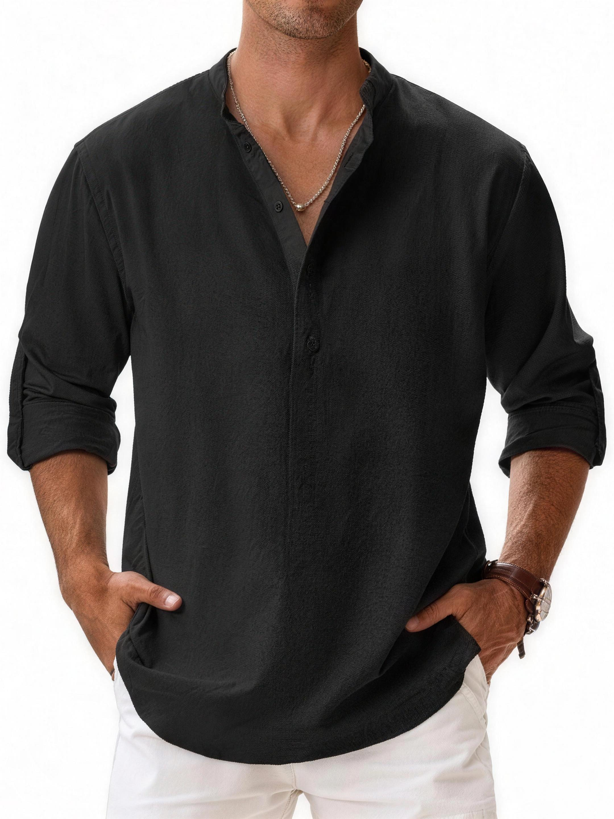 Band Collar Popover Shirt in Black
