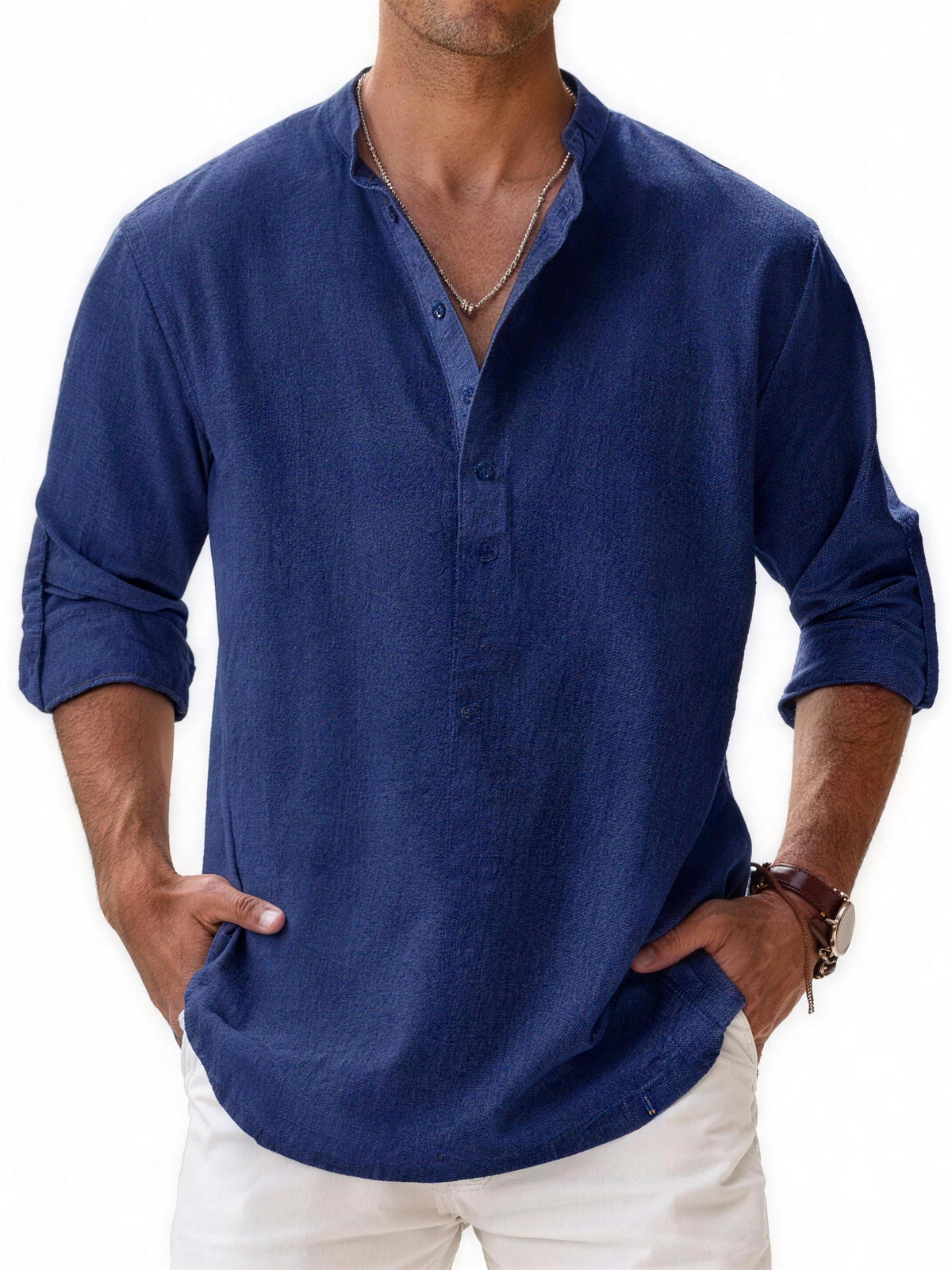 Band Collar Popover Shirt in Sapphire Blue