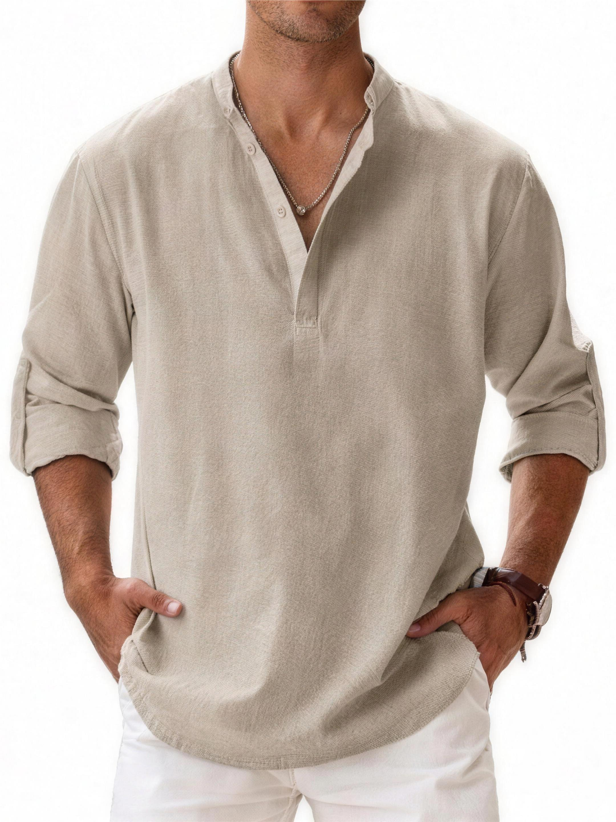 Band Collar Popover Shirt in Khaki