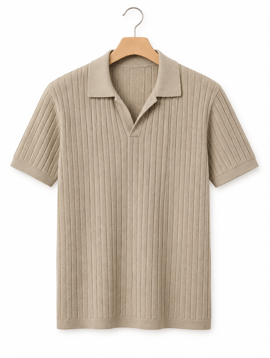 Ribbed Knit Polo in Khaki, on hanger