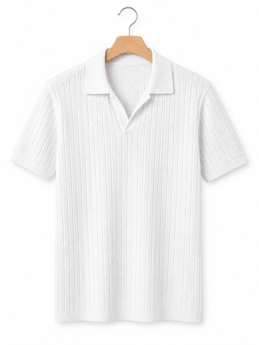 Ribbed Knit Polo in White, on hanger