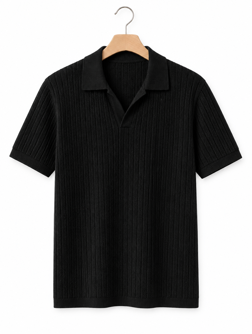 Ribbed Knit Polo in Black, on hanger