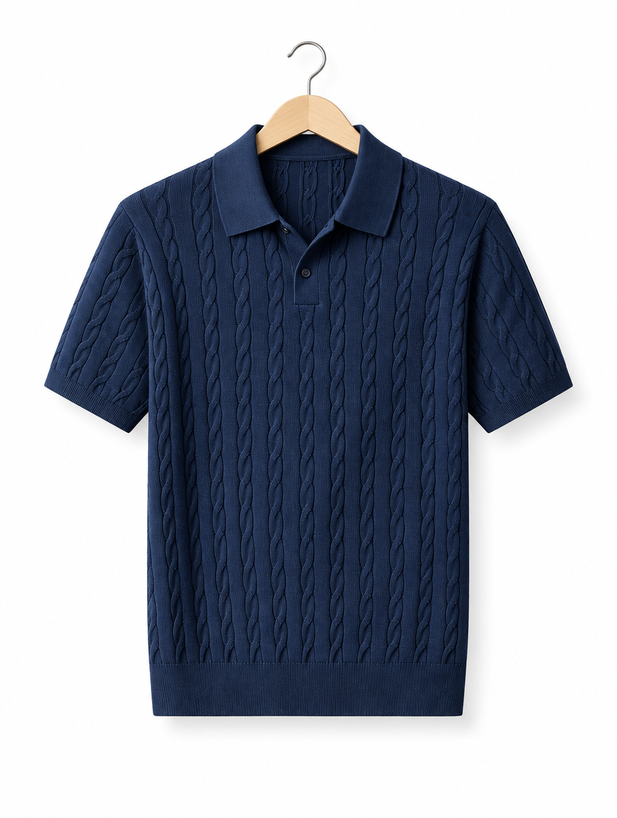 Cable Knit Polo in Navy Blue, on hanger