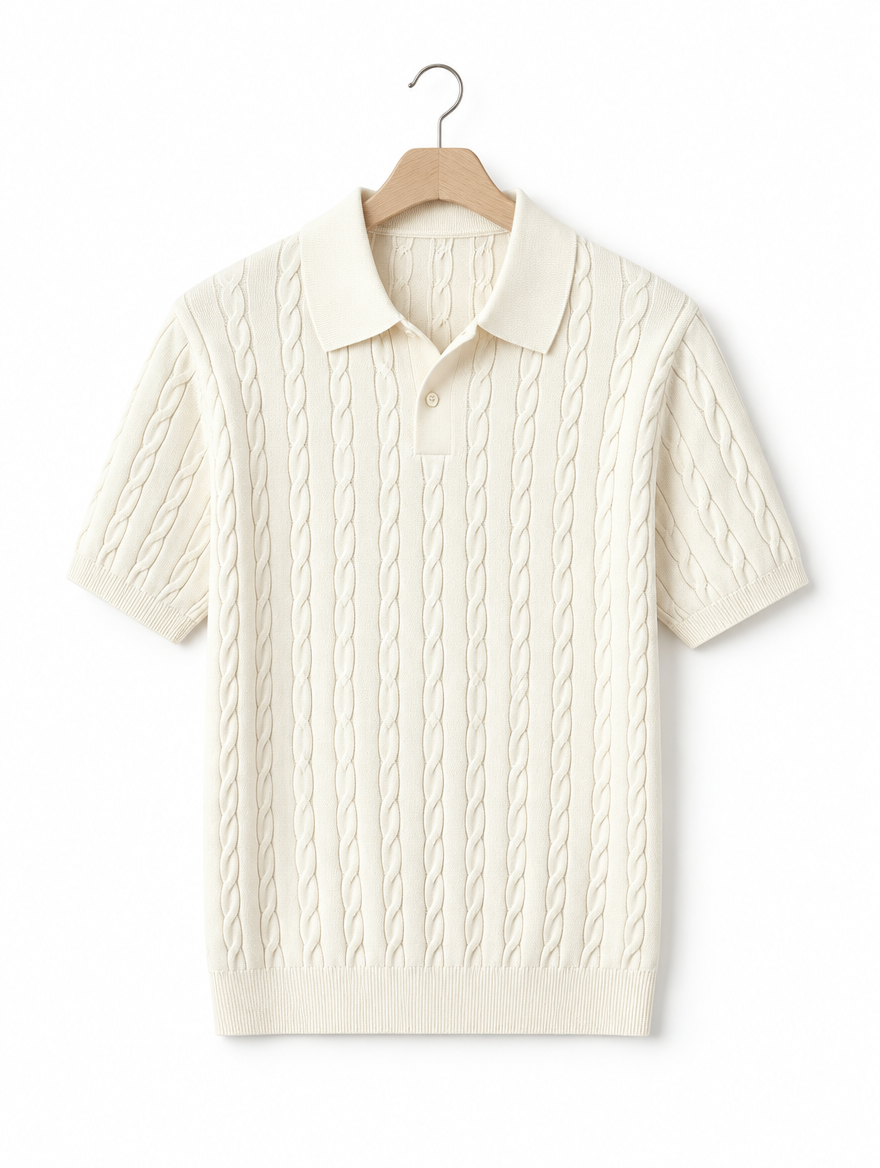 Cable Knit Polo in White, on hanger