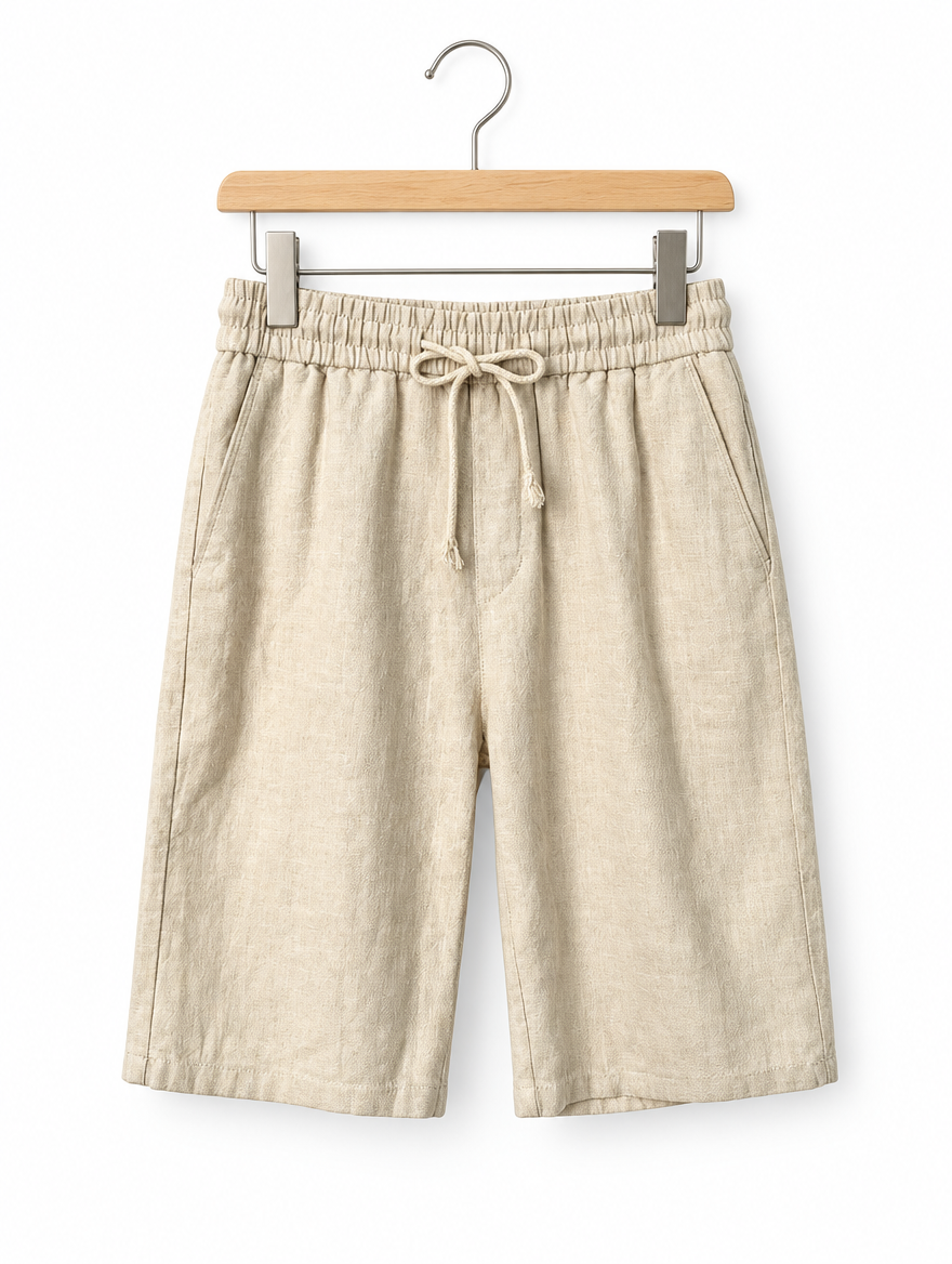 Linen Drawstring Shorts in Khaki, on hanger