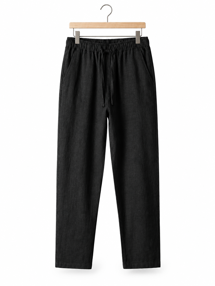 Cotton-Linen Drawstring Trousers in Black, on hanger