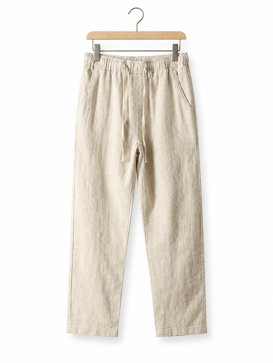 Cotton-Linen Drawstring Trousers in Khaki, on hanger