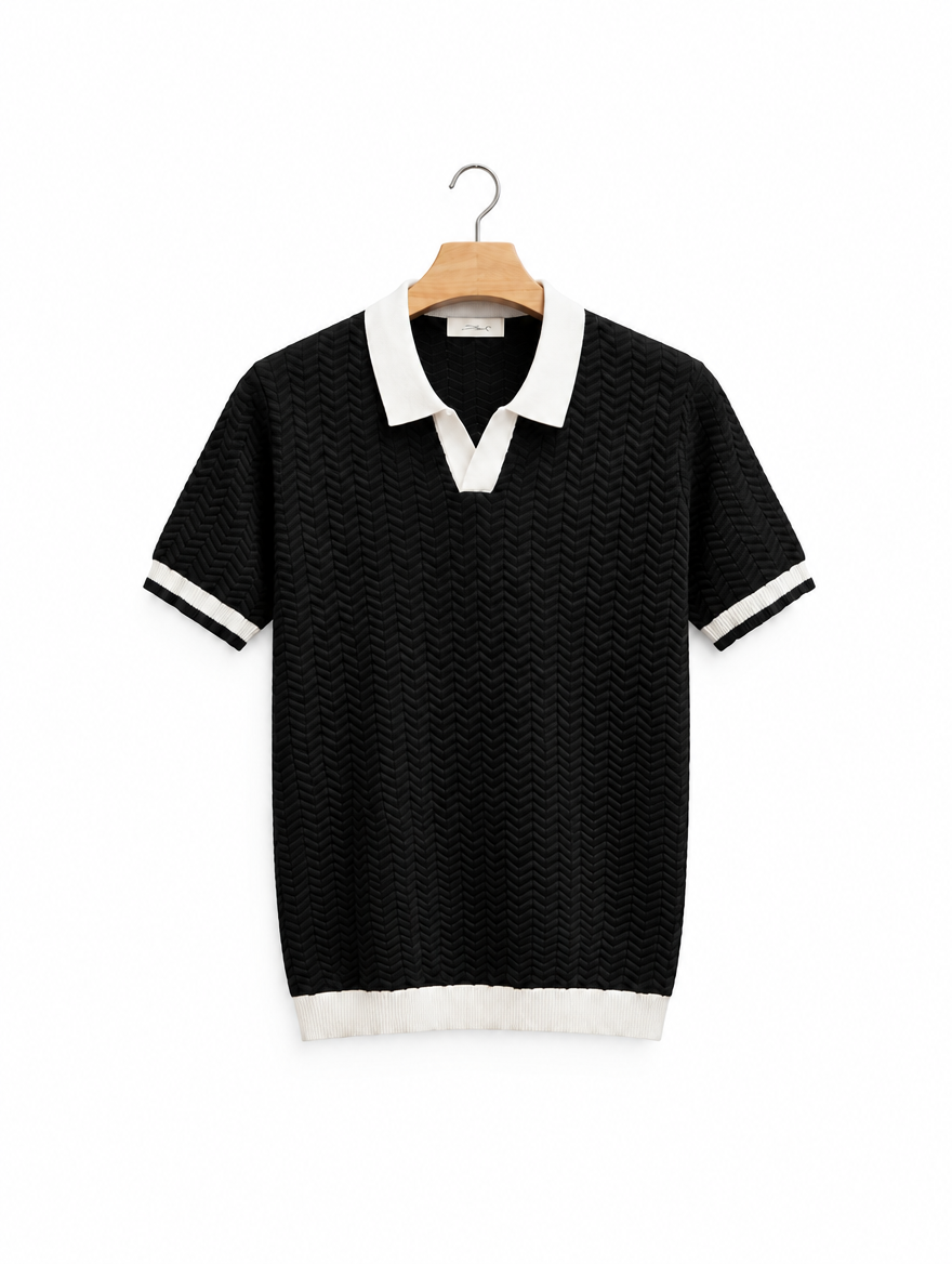 Relaxed Knit Polo in Black, on hanger