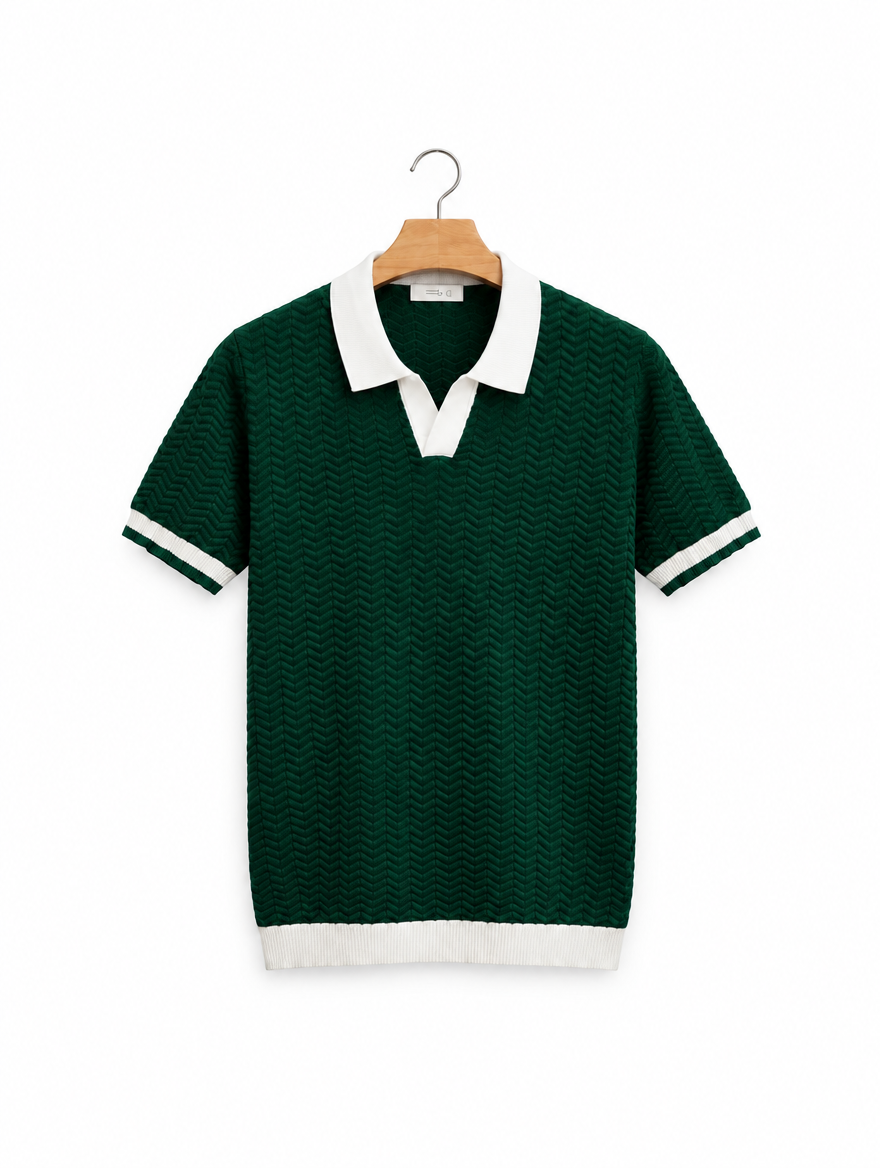 Relaxed Knit Polo in Green, on hanger
