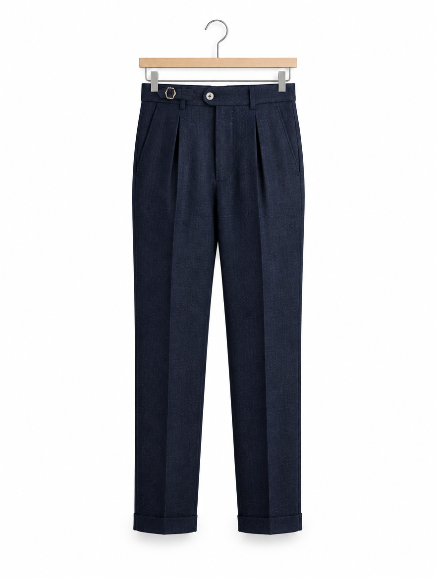 Pleated Tailored Trousers in Navy Blue, on hanger