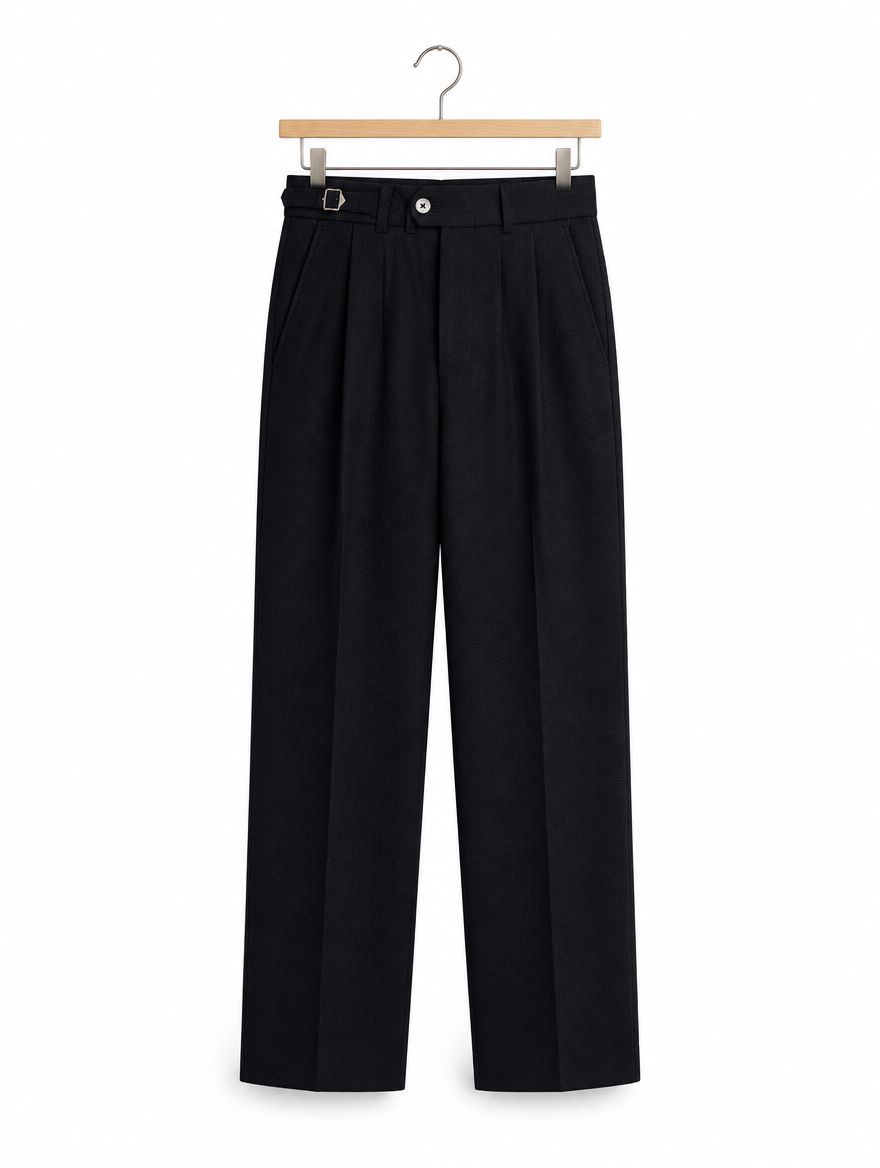 Pleated Tailored Trousers in Black, on hanger