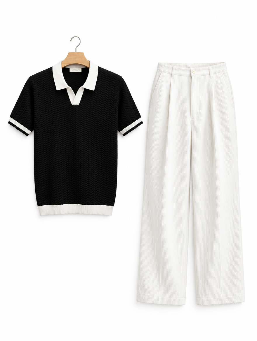 Black knit polo with white corduroy trousers