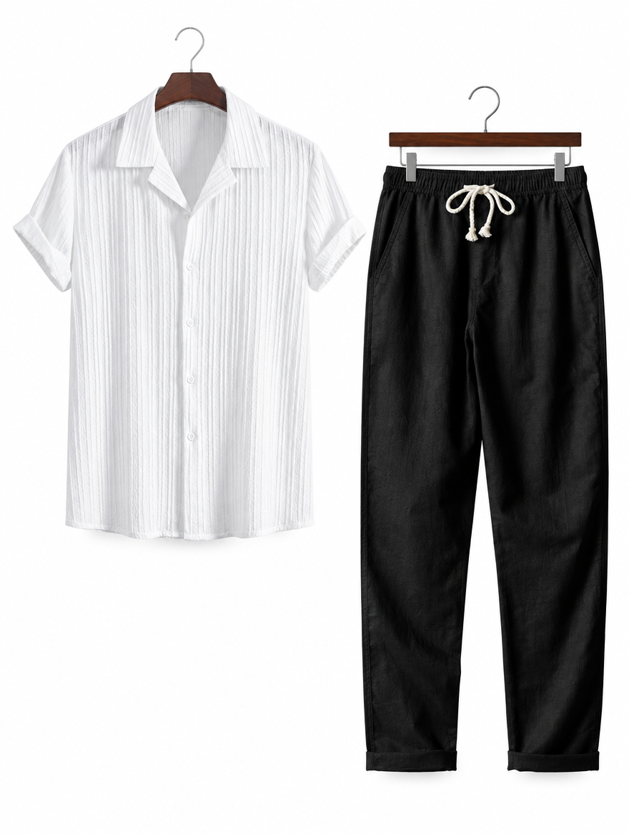 Short Sleeve Shirt and Trouser Set in White Textured & Black