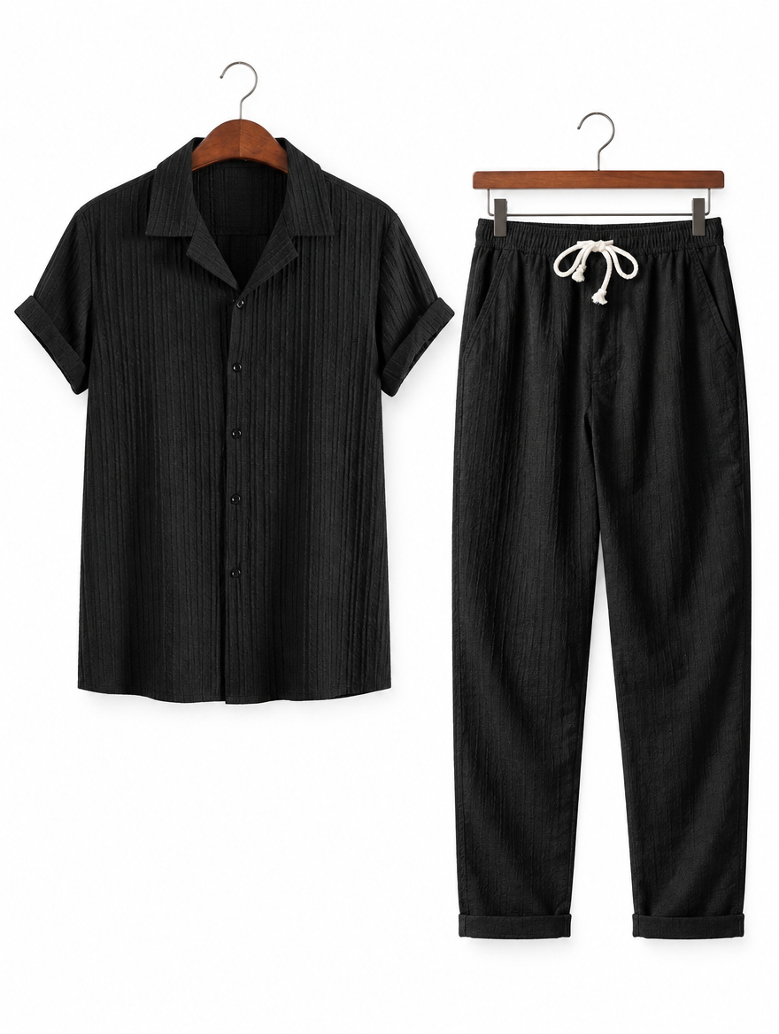 Short Sleeve Shirt and Trouser Set in Black Textured & Black