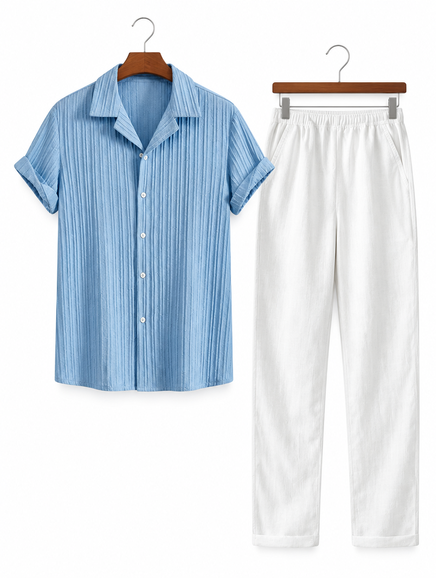 Short Sleeve Shirt and Trouser Set in Light Blue Textured & White