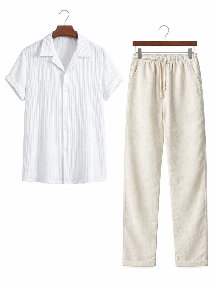 Short Sleeve Shirt and Trouser Set in White Textured & Cream