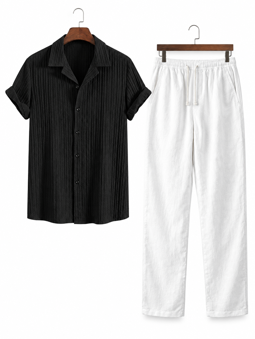 Short Sleeve Shirt and Trouser Set in Black Textured & White