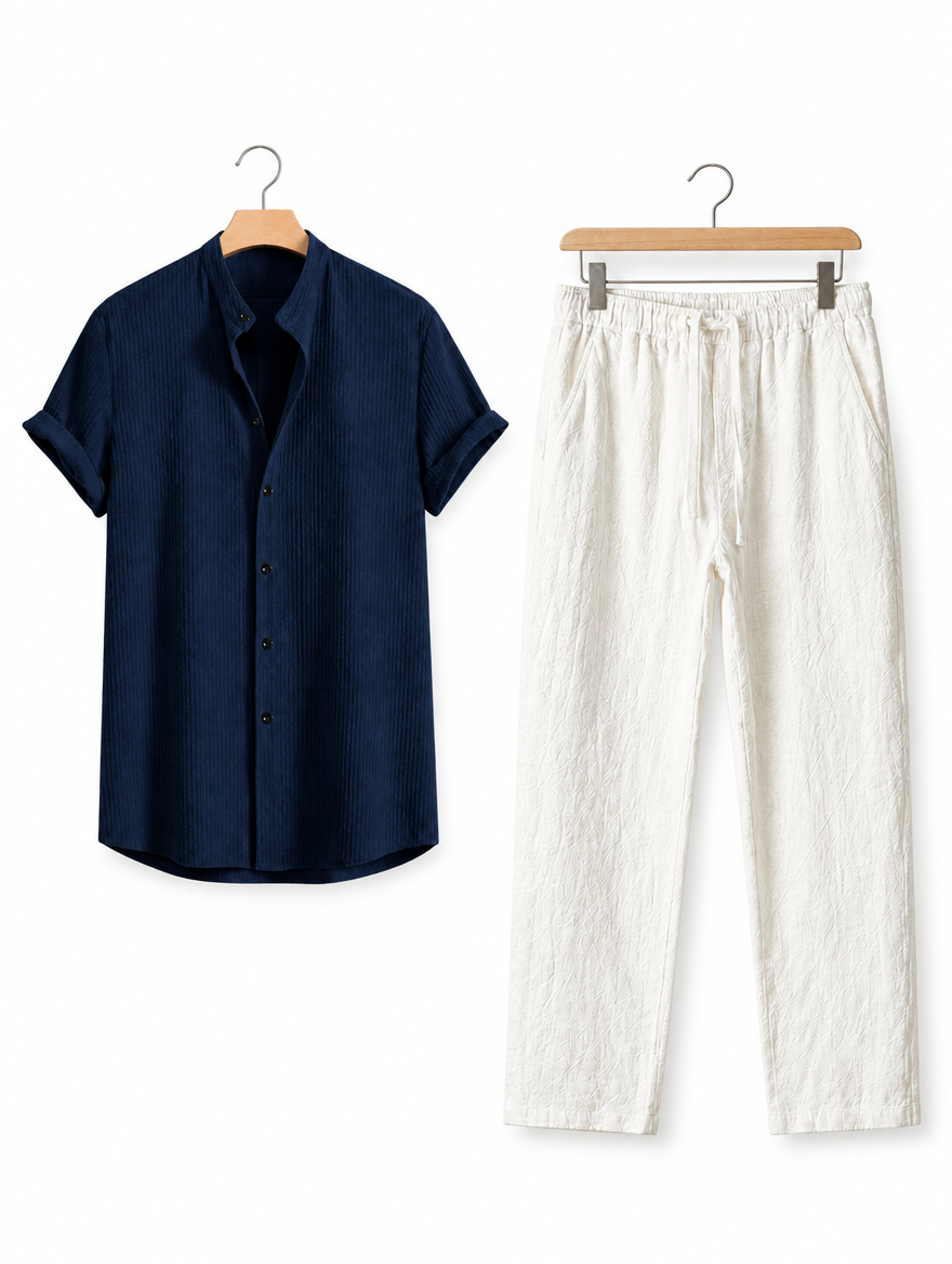 Navy shirt with white trousers