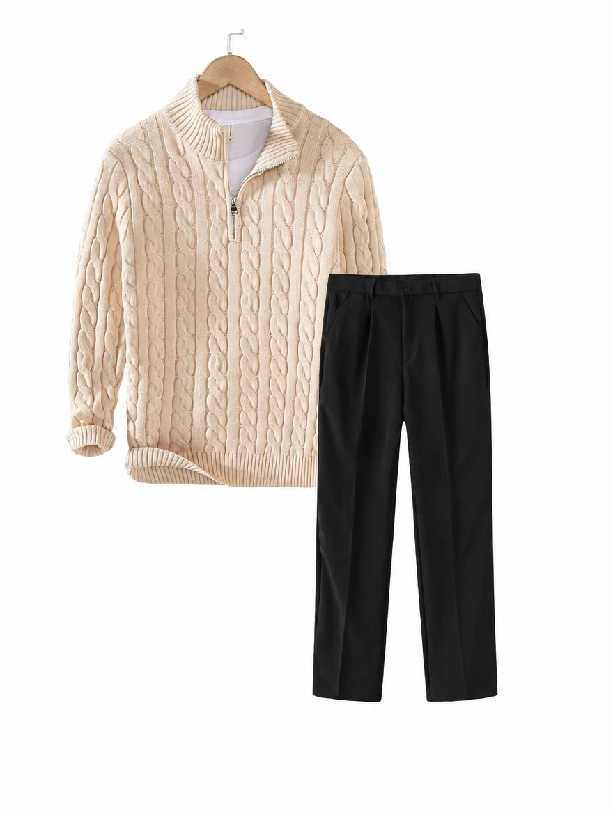 Apricot cable knit quarter zip with black corduroy wide leg trousers