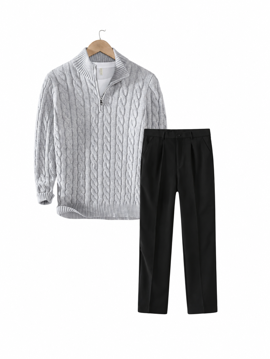 Grey cable knit quarter zip with black corduroy wide leg trousers