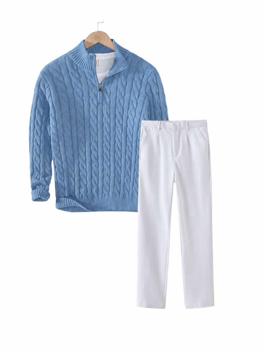 Denim blue cable knit quarter zip with white corduroy wide leg trousers