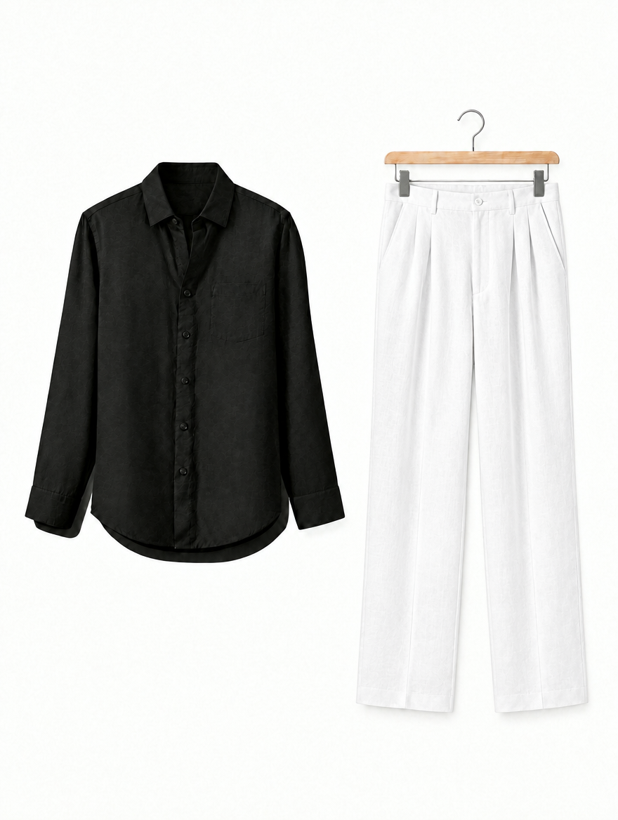 Amalfi Linen Set in Black Shirt / White Trousers