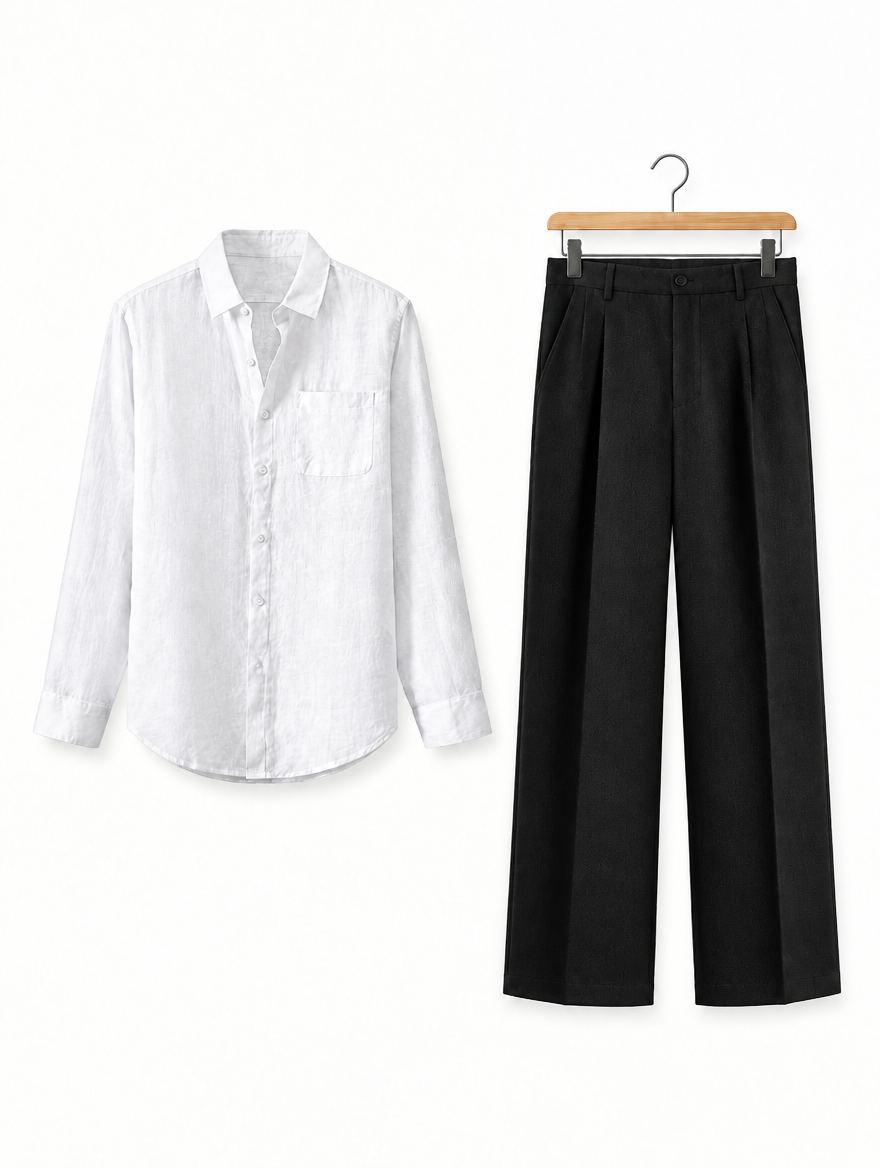 Amalfi Linen Set in White Shirt / Black Trousers