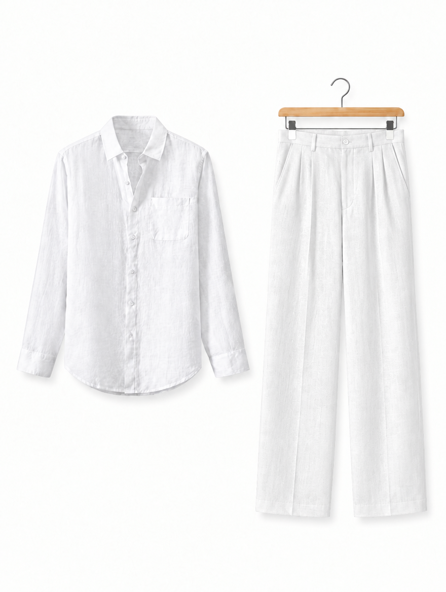 Amalfi Linen Set in White Shirt / White Trousers