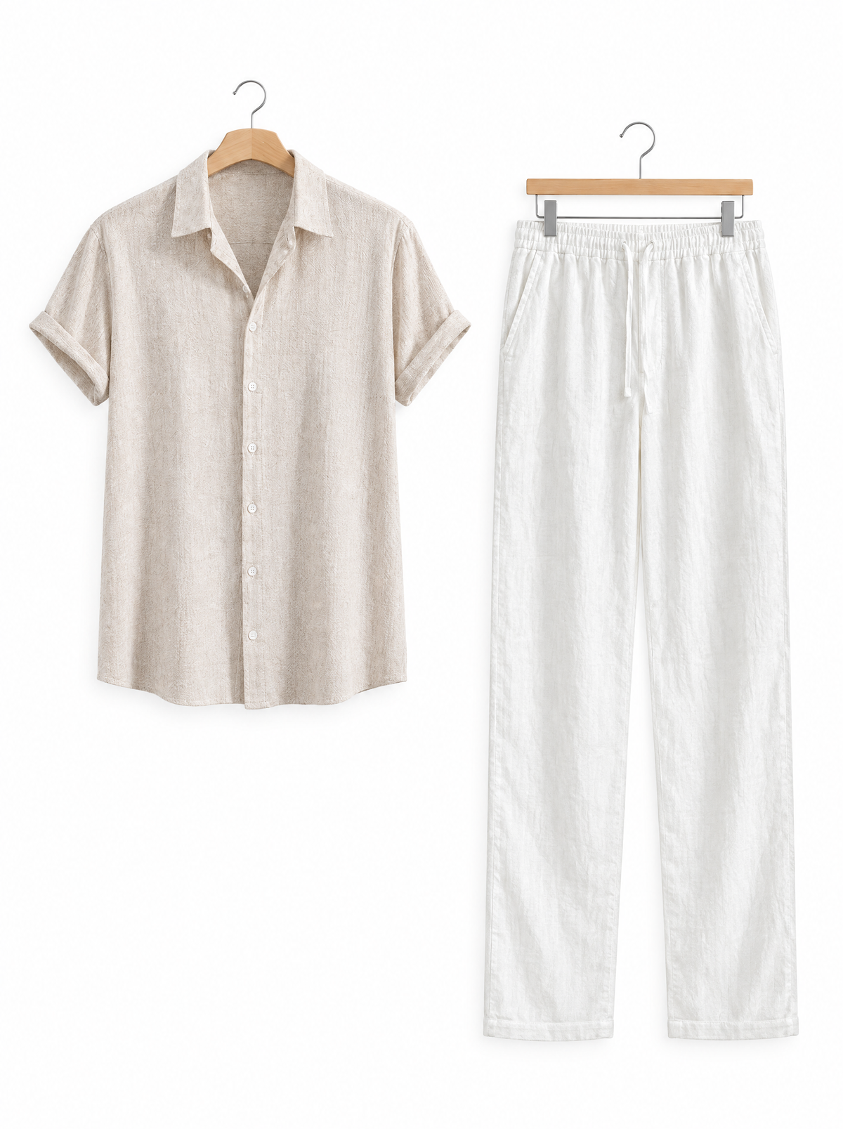 Beige short-sleeve shirt and white trousers on hangers