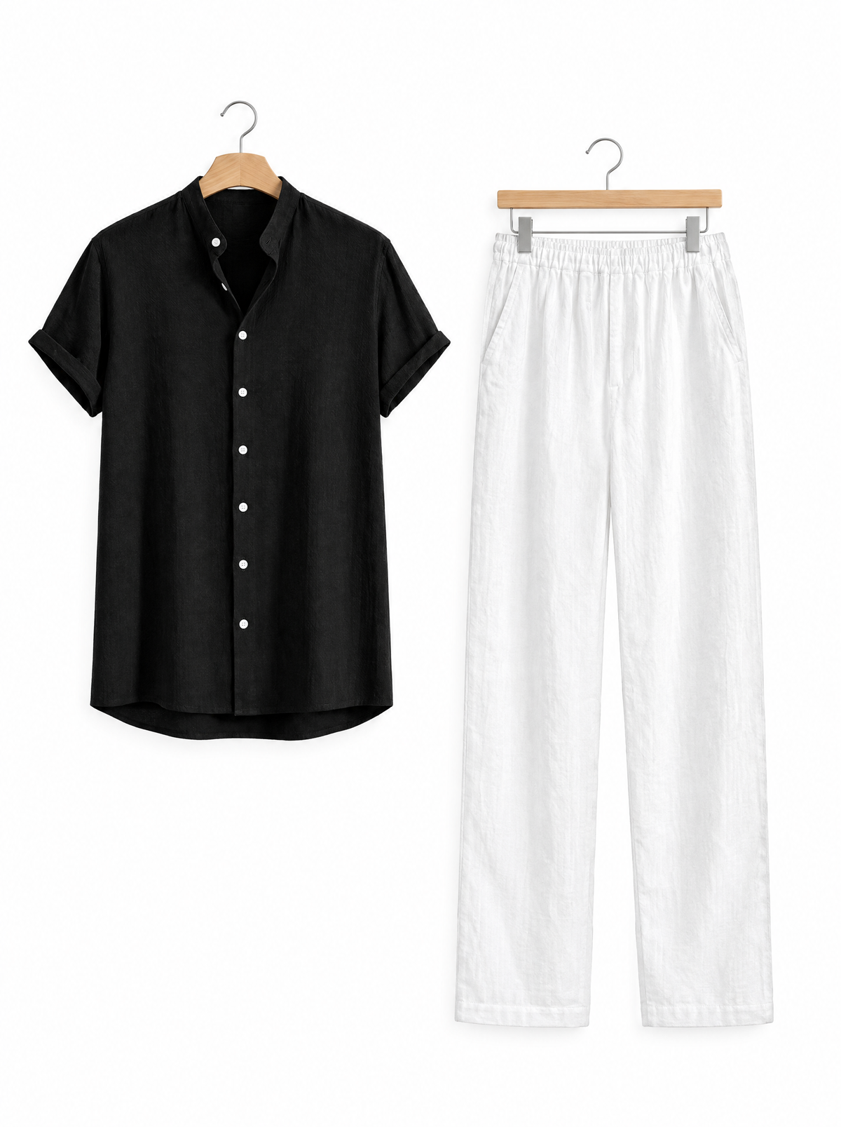 Black band-collar short-sleeve shirt and white trousers on hangers